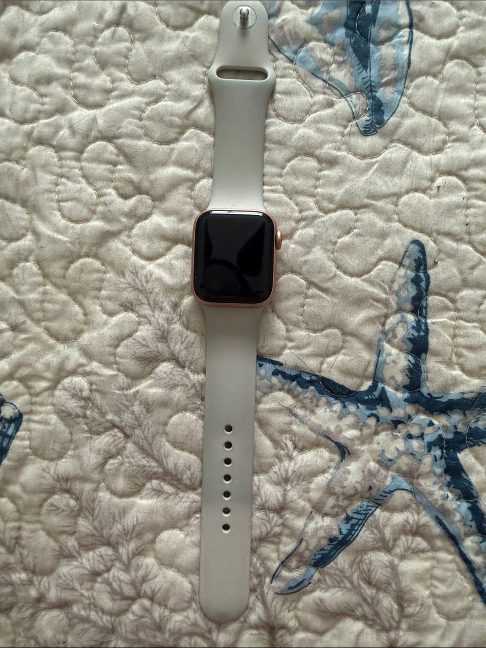 Apple Watch with Light Gray Sport Band and Gold Case